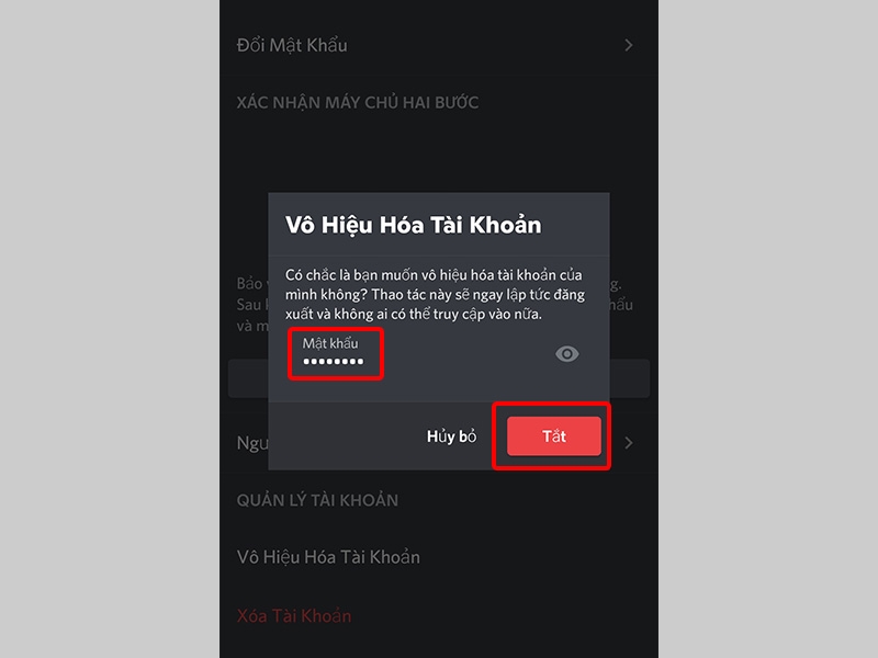 Nhập Mật khẩu tài khoản Discord và nhấn Tắt