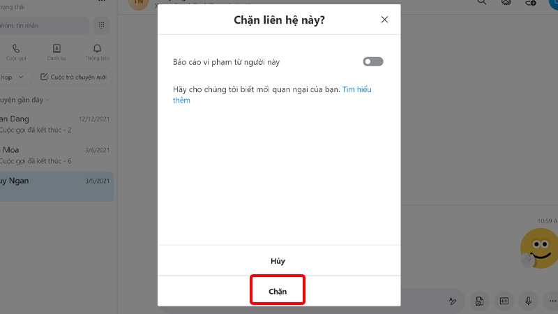 Nhấn Chặn để hoàn tất thao tác