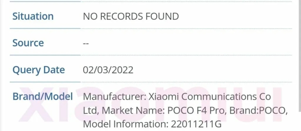 Xiaomi POCO F4 Pro được liệt kê trên cơ sở dữ liệu IMEI Xiaomi POCO F4 Pro được liệt kê trên cơ sở dữ liệu IMEI