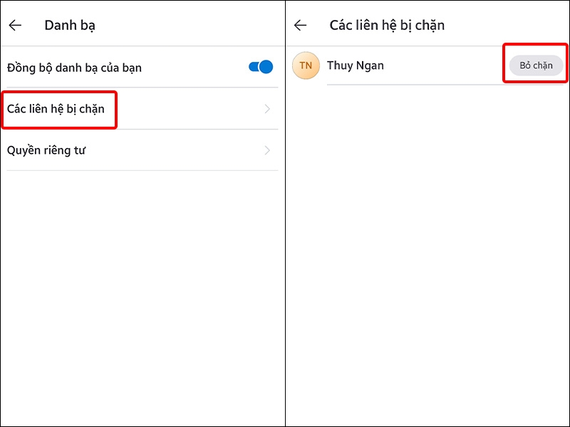 Nhấn vào Các liên hệ bị chặn và chọn Bỏ chặn