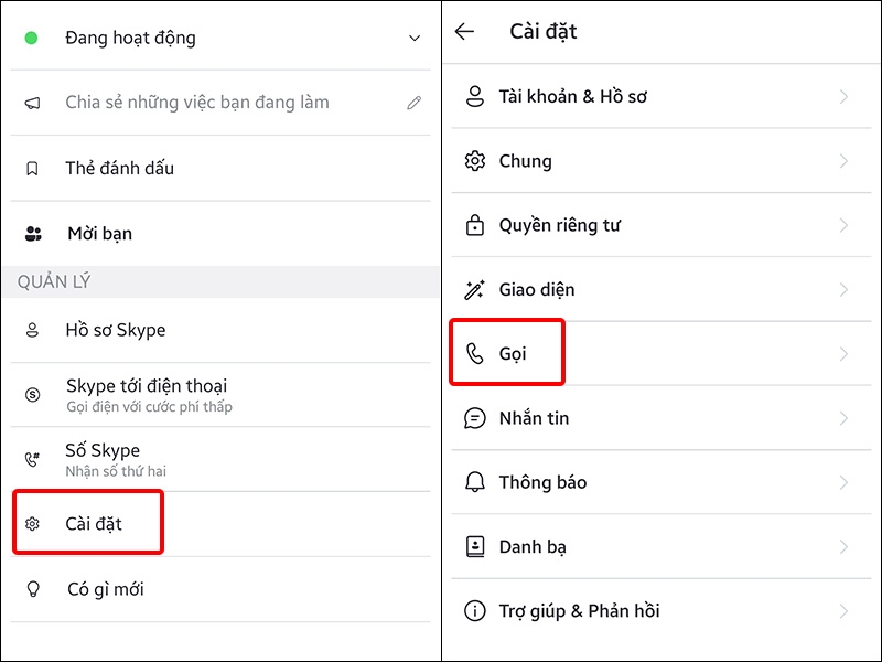 Nhấn vào Cài đặt và chọn Gọi