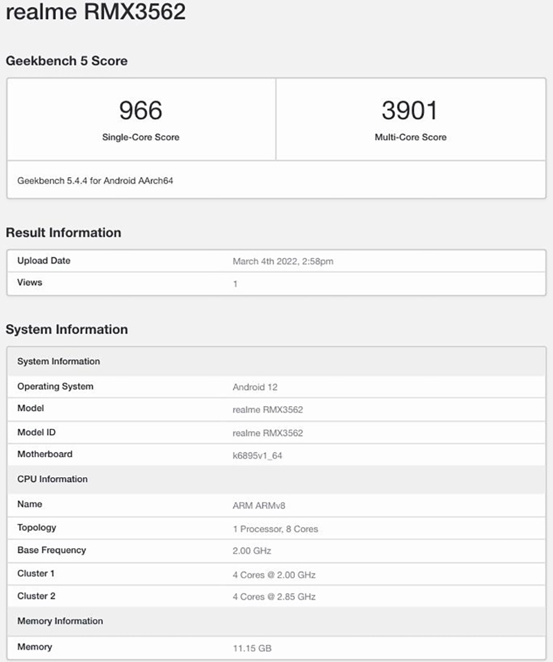 Realme GT Neo3 với chip Dimensity 8100 lộ điểm hiệu năng khá tốt trên Geekbench Realme GT Neo3 với chip Dimensity 8100 lộ điểm hiệu năng khá tốt trên Geekbench