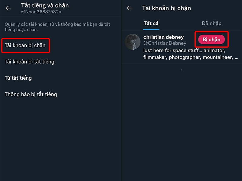 Nhấn vào Tài khoản bị chặn và bỏ chặn liên hệ bạn muốn