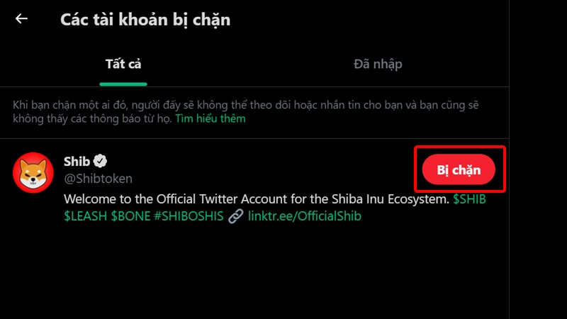 Nhấn vào Bị chặn để bỏ chặn tài khoản bạn muốn