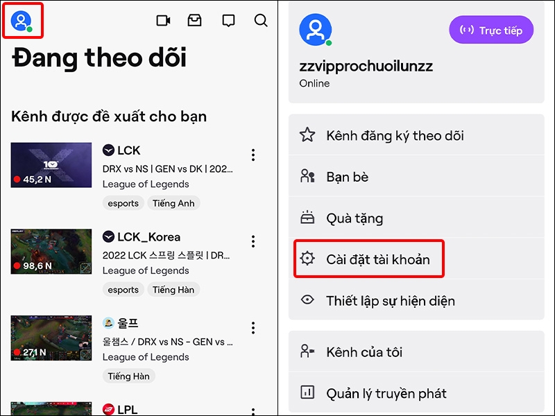 Nhấn vào biểu tượng Tài khoản và chọn Cài đặt tài khoản