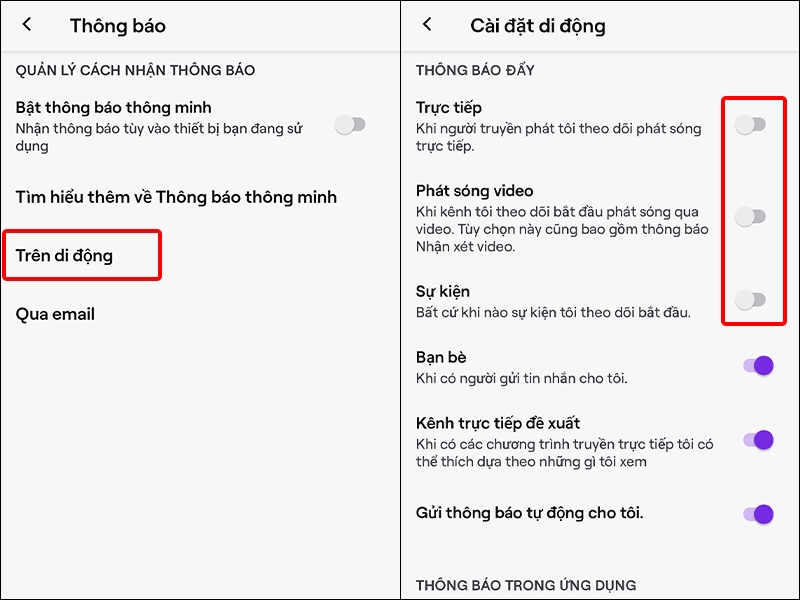 Nhấn vào Trên di động và tắt các thông báo mà bạn muốn