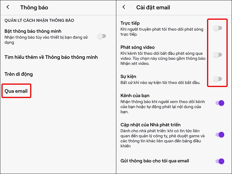 Chọn Qua email và tắt các thông báo mà bạn muốn