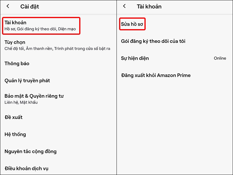 Nhấn vào Tài khoản và chọn Sửa hồ sơ