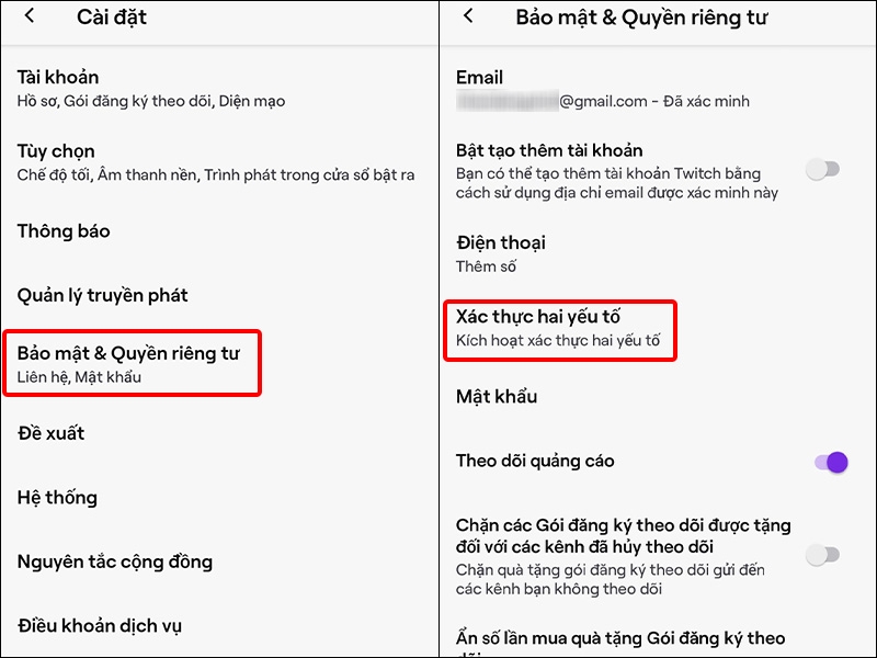 Nhấn vào Bảo mật & Quyền riêng tư và chọn Xác thực hai yếu tố