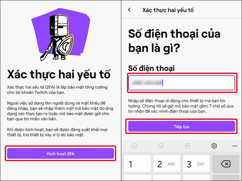 Nhấn vào Kích hoạt 2FA sau đó nhập số điện thoại của bạn và nhấn Tiếp tục