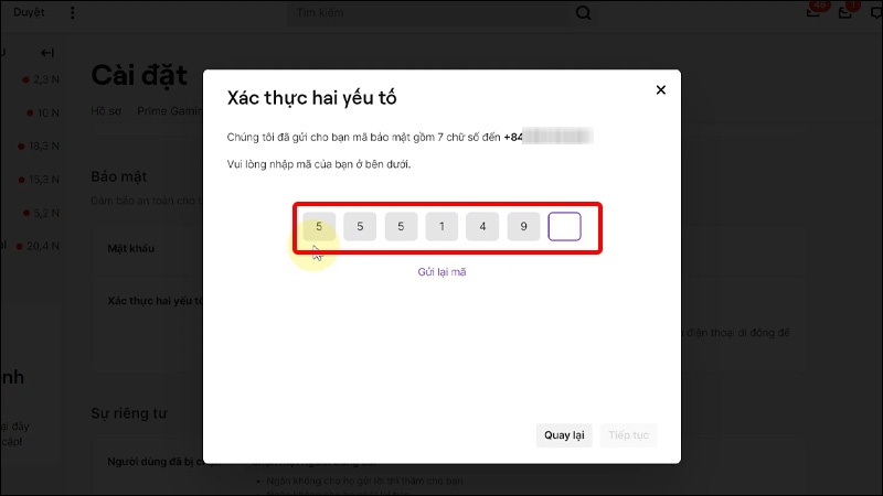 Nhập Mã xác minh được gửi về số điện thoại của bạn