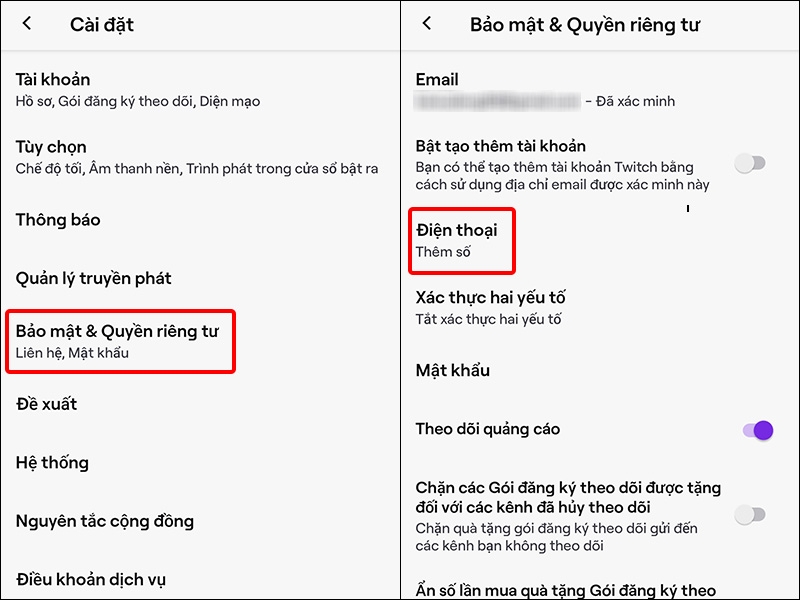 Nhấn vào Bảo mật & Quyền riêng tư và chọn Điện thoại