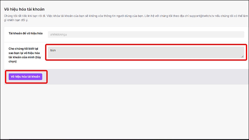 Nhập lý do của bạn và nhấn Vô hiệu hóa tài khoản