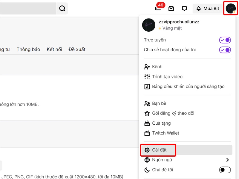 Nhấn vào biểu tượng Tài khoản và chọn Cài đặt