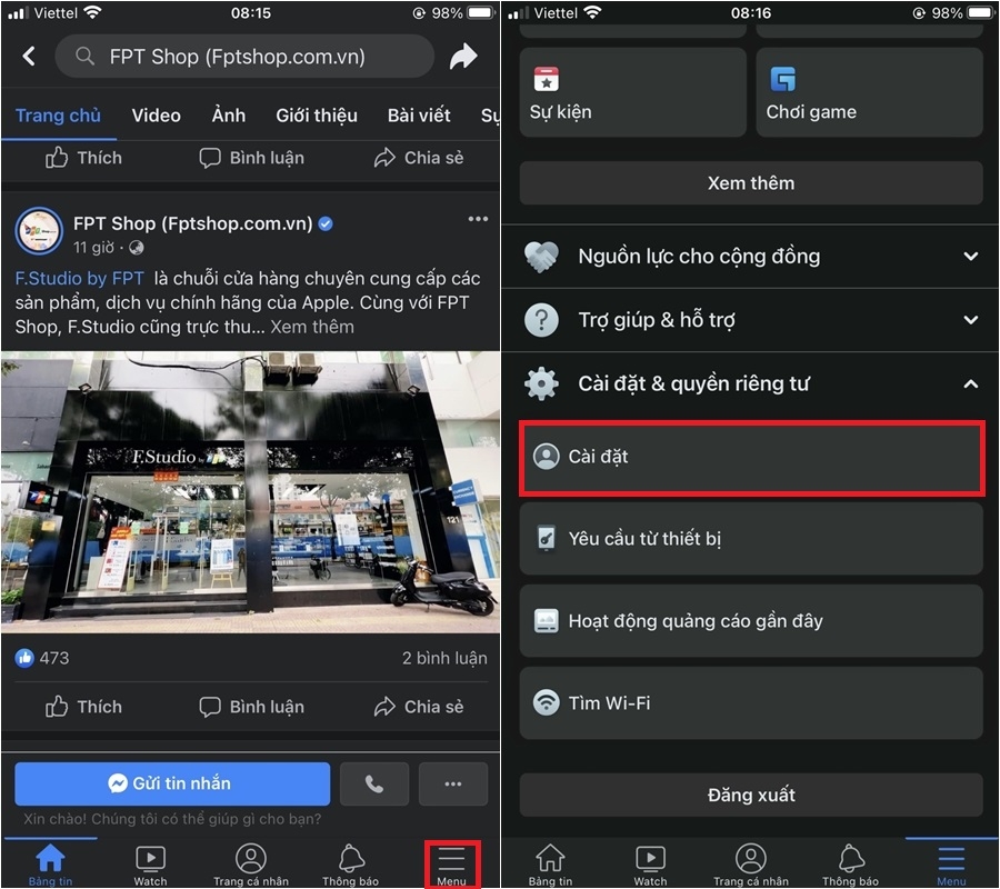 Cách tắt âm thanh Facebook trên điện thoại (1)