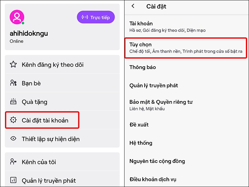 Nhấn vào Cài đặt tài khoản và chọn Tùy chọn