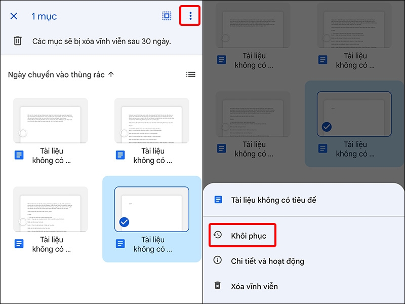 Nhấn vào dấu Ba chấm và chọn Khôi phục