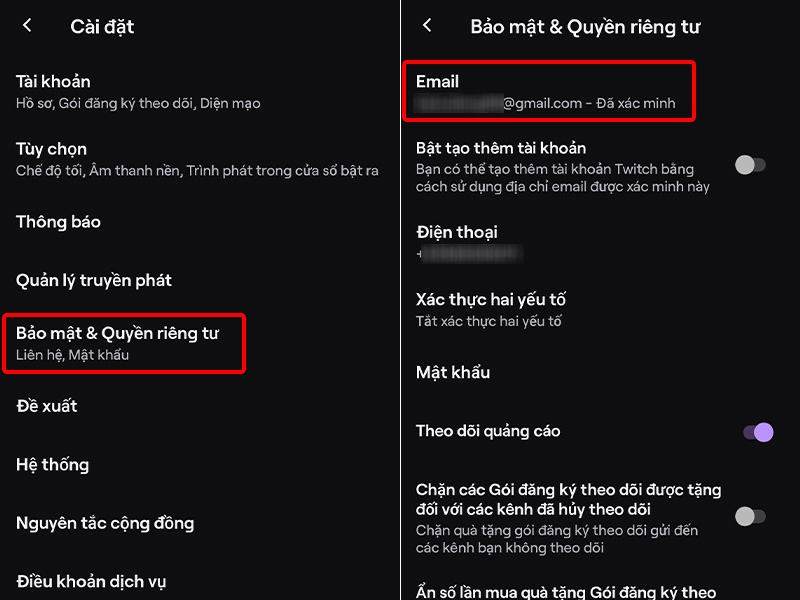 Nhấn vào Bảo mật & Quyền riêng tư và chọn Email