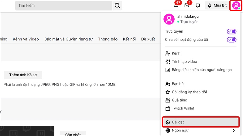 Nhấn vào biểu tượng Tài khoản và chọn Cài đặt