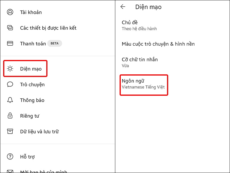 Nhấn vào Diện mạo và chọn Ngôn ngữ