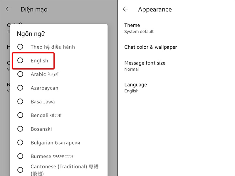 Chọn Ngôn ngữ mà bạn muốn thay đổi để hoàn tất thiết lập