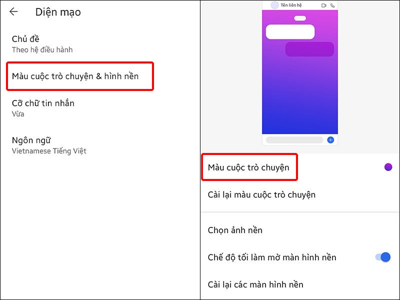 Nhấn vào Màu cuộc trò chuyện & hình nền và chọn Màu cuộc trò chuyện