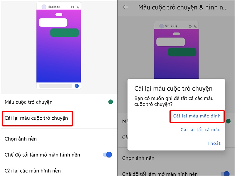 Cài đặt lại màu cuộc trò chuyện mặc định