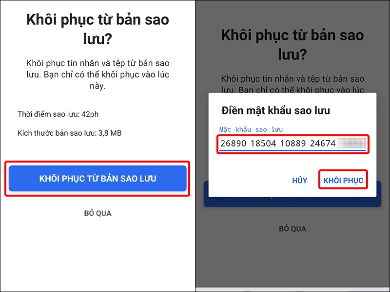 Tiến hành khôi phục bản sao lưu