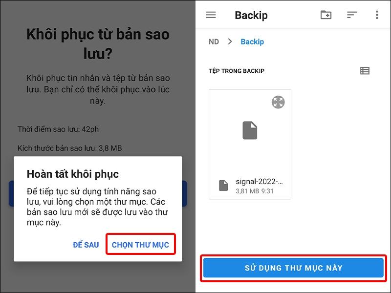 Chọn và sử dụng thư mục sao lưu