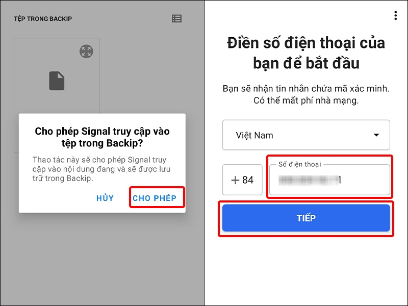Nhấn vào CHO PHÉP và nhập số điện thoại của bạn