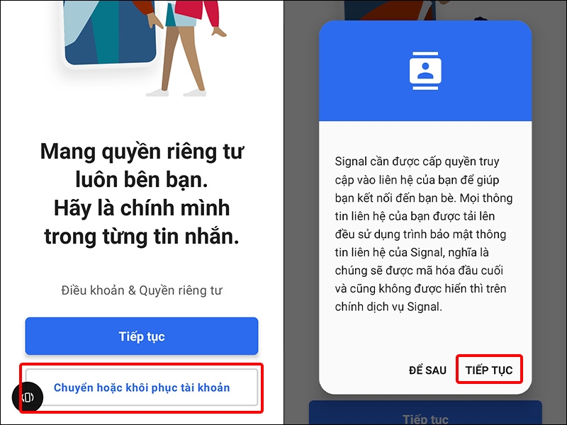 Nhấn vào Chuyển hoặc khôi phục tài khoản và chọn TIẾP TỤC