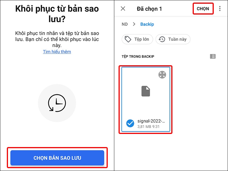 Chọn bản sao lưu bạn muốn mở