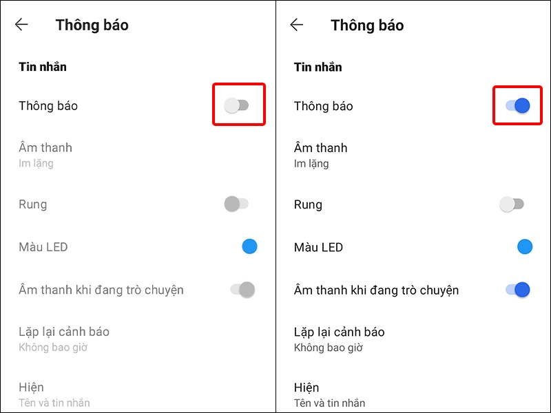 Bật, tắt thông báo Tin nhắn