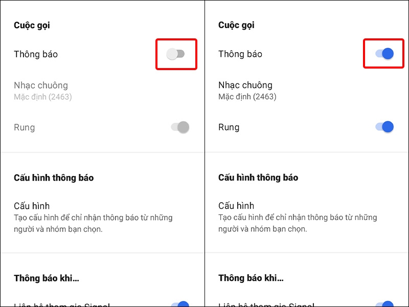Bật, tắt thông báo Cuộc gọi