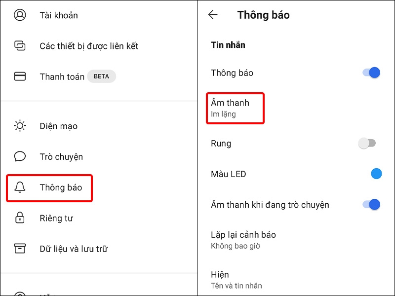 Nhấn vào Thông báo và chọn Âm thanh