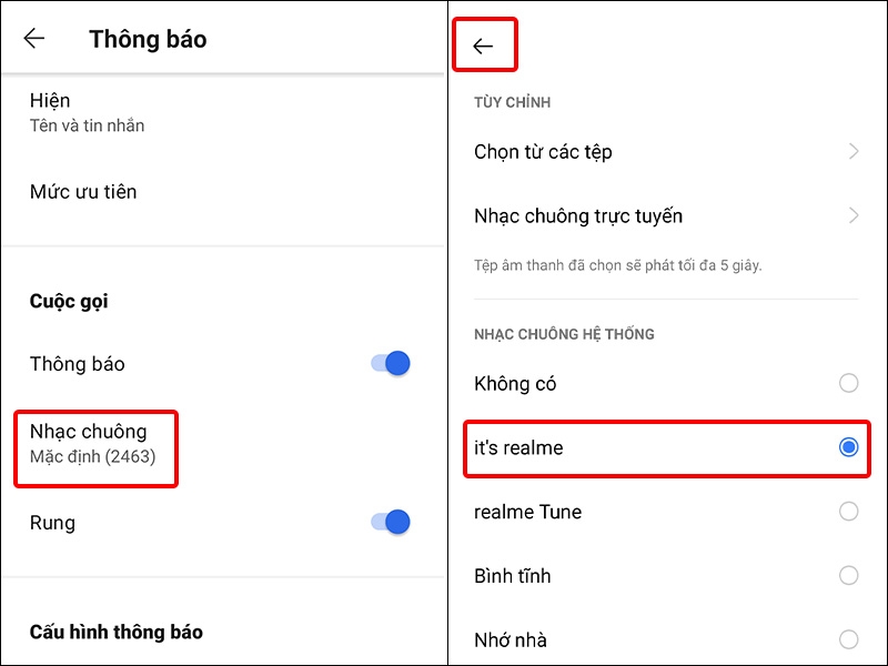 Nhấn vào Nhạc chuông và chọn nhạc chuông bạn muốn đổi