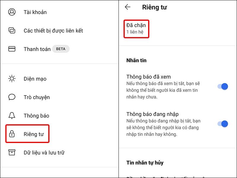 Nhấn vào Riêng tư và chọn mục Đã chặn