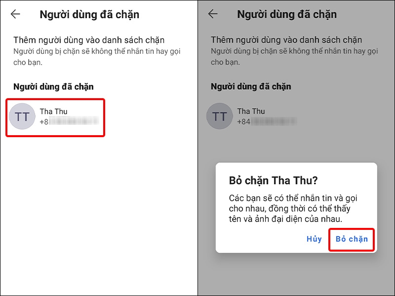 Nhấn vào Liên hệ mà bạn muốn bỏ chặn và chọn Bỏ chặn