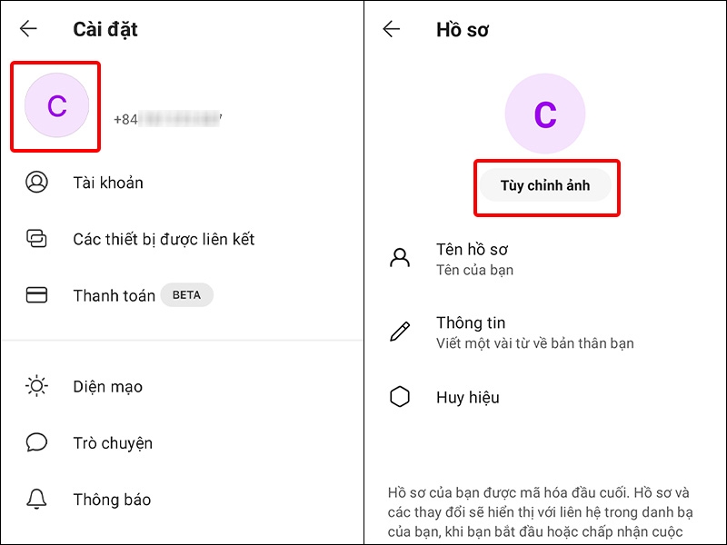 Nhấn vào Ảnh đại diện và chọn Tùy chỉnh ảnh