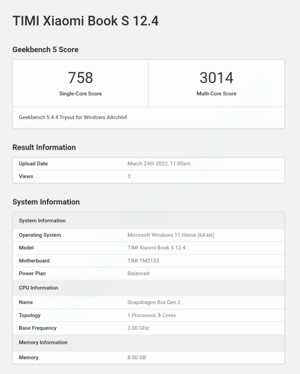Xiaomi Book S 12.4 xuất hiện trên Geekench Xiaomi Book S 12.4 xuất hiện trên Geekench