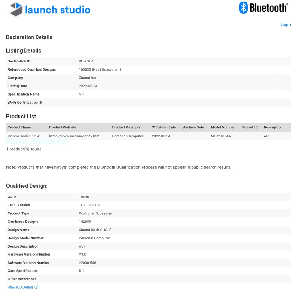 Xiaomi Book S 12.4 xuất hiện trên Bluetooth SIG Xiaomi Book S 12.4 xuất hiện trên Bluetooth SIG