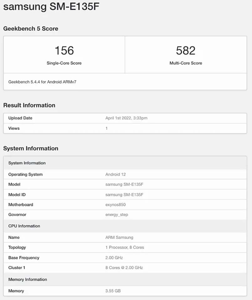 Galaxy F13 lộ cấu hình trên Geekbench