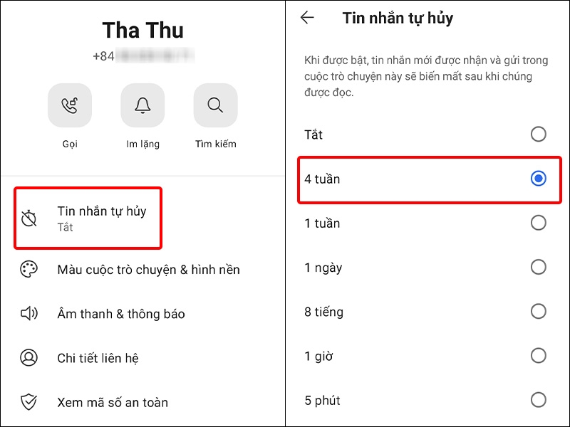 Nhấn vào Tin nhắn tự hủy và thiết lập thời gian mà bạn mong muốn