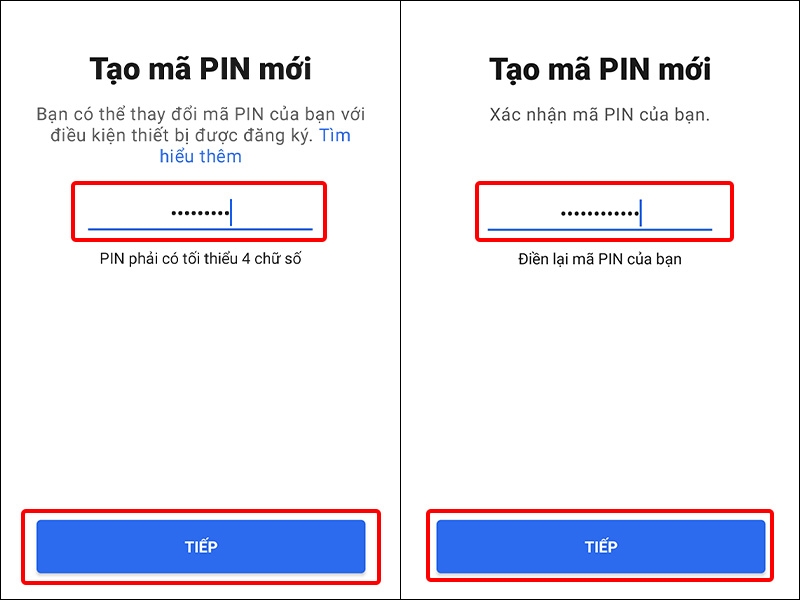 Nhập mã PIN và xác nhận mã PIN mới