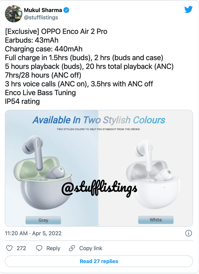 Thông số kỹ thuật, thiết kế, màu sắc của OPPO Enco Air2 Pro bị rò rỉ