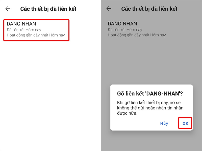 Nhấn vào Tên thiết bị muốn hủy liên kết và chọn OK