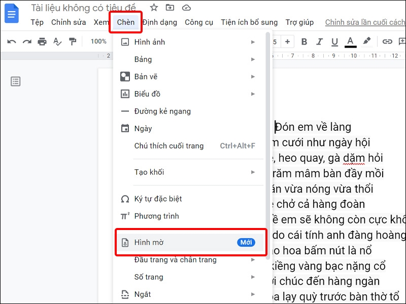 Nhấn vào Chèn và chọn Hình mờ