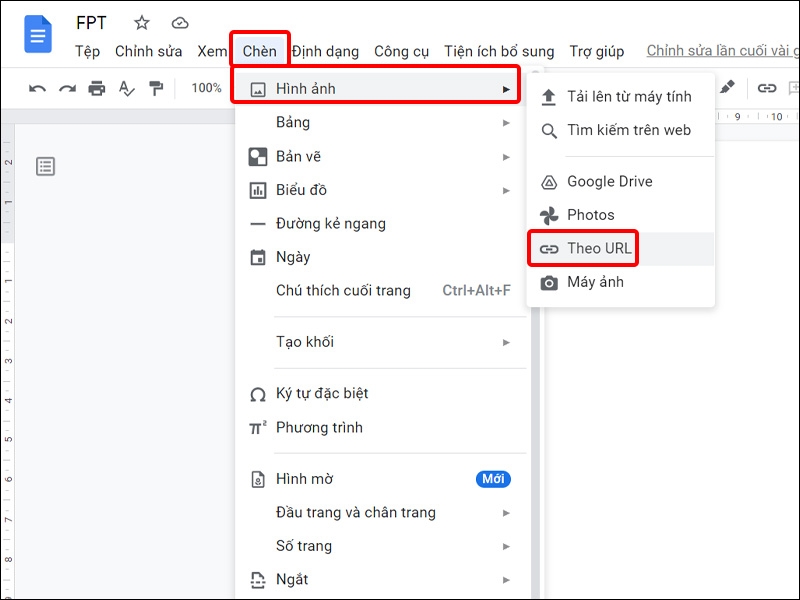 Nhấn vào Chèn và chọn Hình ảnh và chọn tiếp Theo URL