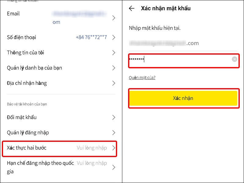 Nhấn vào Xác thực hai bước sau đó nhập mật khẩu và nhấn Xác nhận
