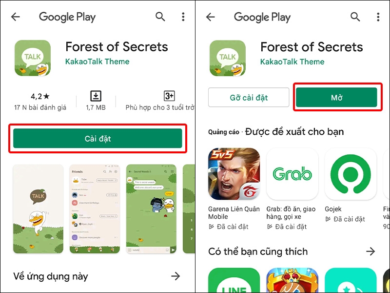 Nhấn vào Cài đặt và chọn Mở